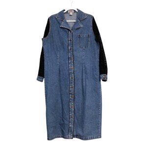 Vintage 90s Denim Maxi Dress Size 14 Sheer Long Sleeve 100% Cotton Collared